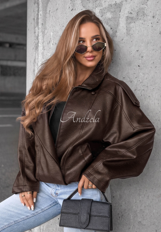Kožen&aacute; bunda s lemom Amber Mood čokol&aacute;dov&aacute;