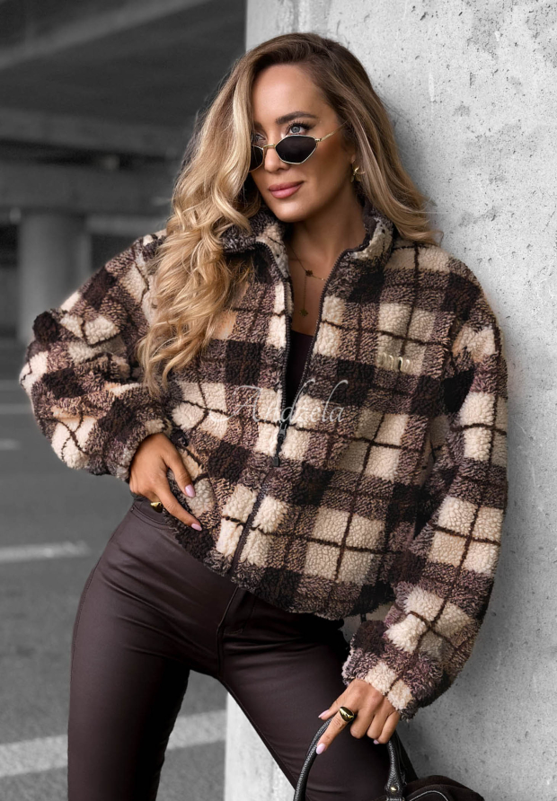 Kr&aacute;tka k&aacute;rovan&aacute; sherpa bunda Teddy Jacket čokol&aacute;dov&aacute;
