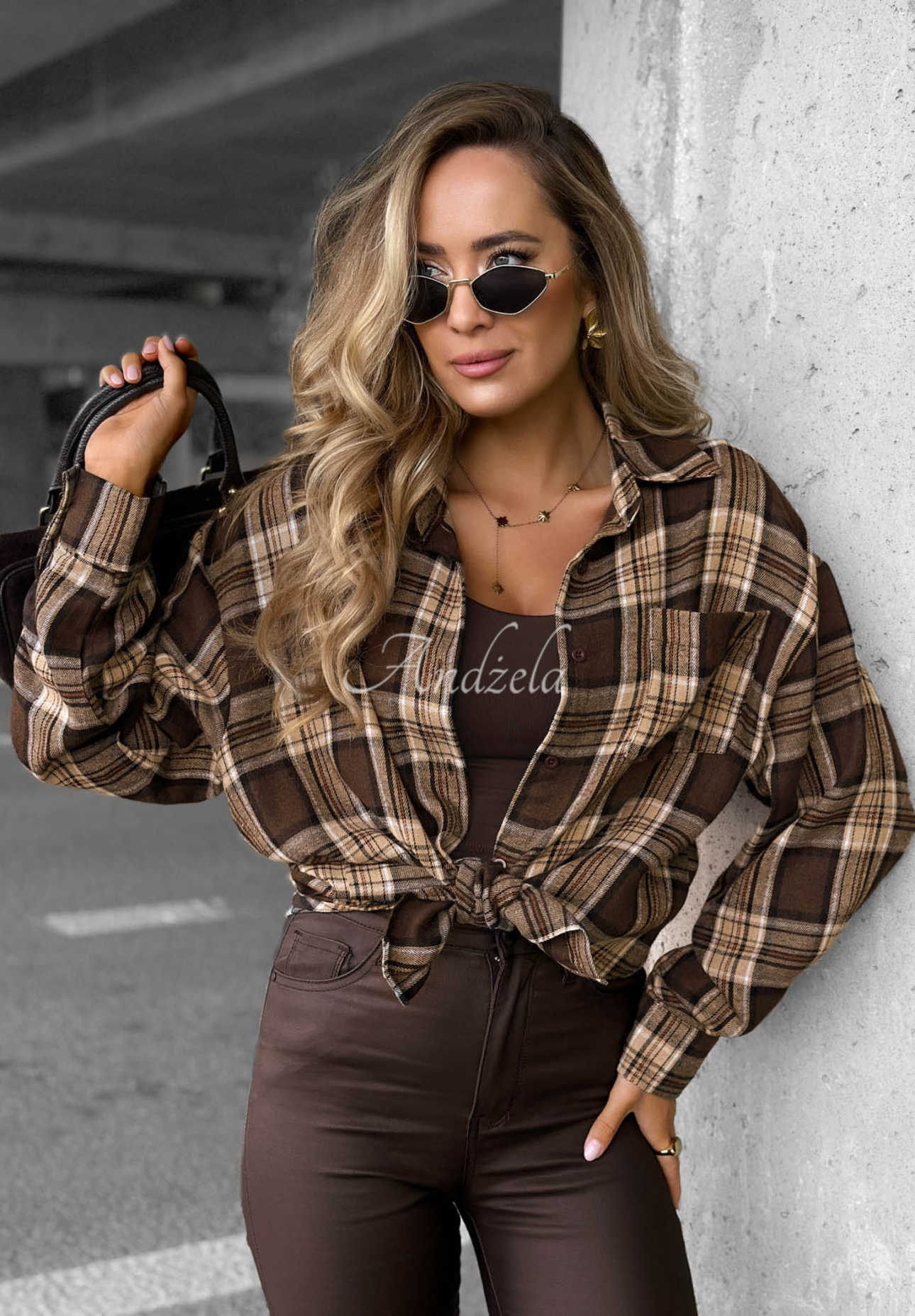 Dlhá károvaná košeľa Fall Edit čokoládová
