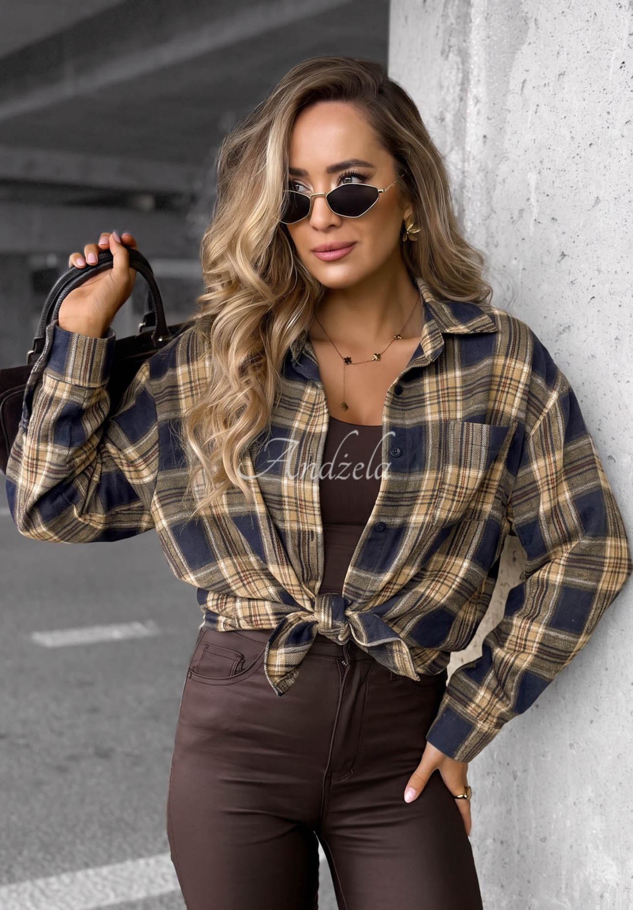 Dlhá károvaná košeľa Fall Edit tmavomodrá