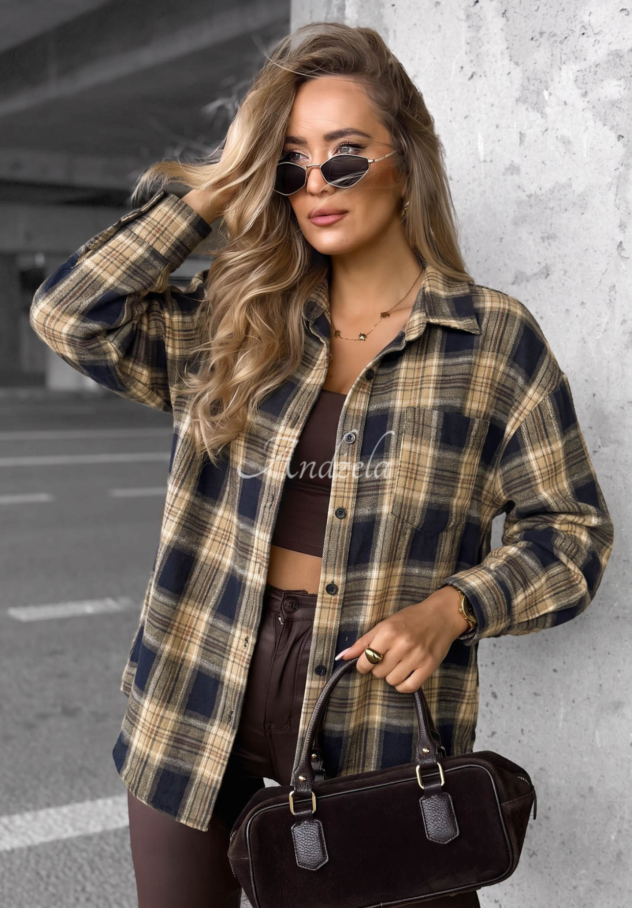 Dlhá károvaná košeľa Fall Edit tmavomodrá