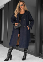 Dlhý džínsový Kabát trencz z paskiem Autumn Outfits ciemnogranatowy
