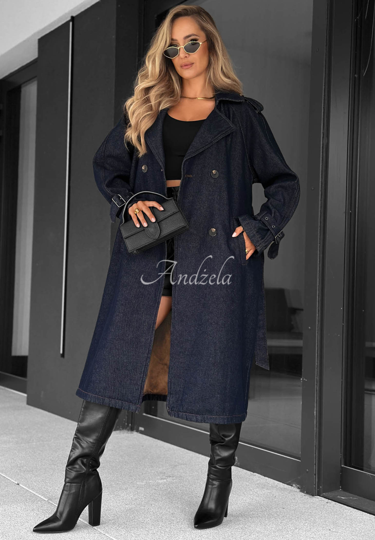 Dlhý džínsový trenčkot s opaskom Autumn Outfits tmavomodrý