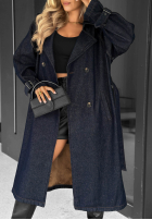 Dlhý džínsový Kabát trencz z paskiem Autumn Outfits ciemnogranatowy