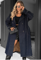Dlhý džínsový Kabát trencz z paskiem Autumn Outfits ciemnogranatowy
