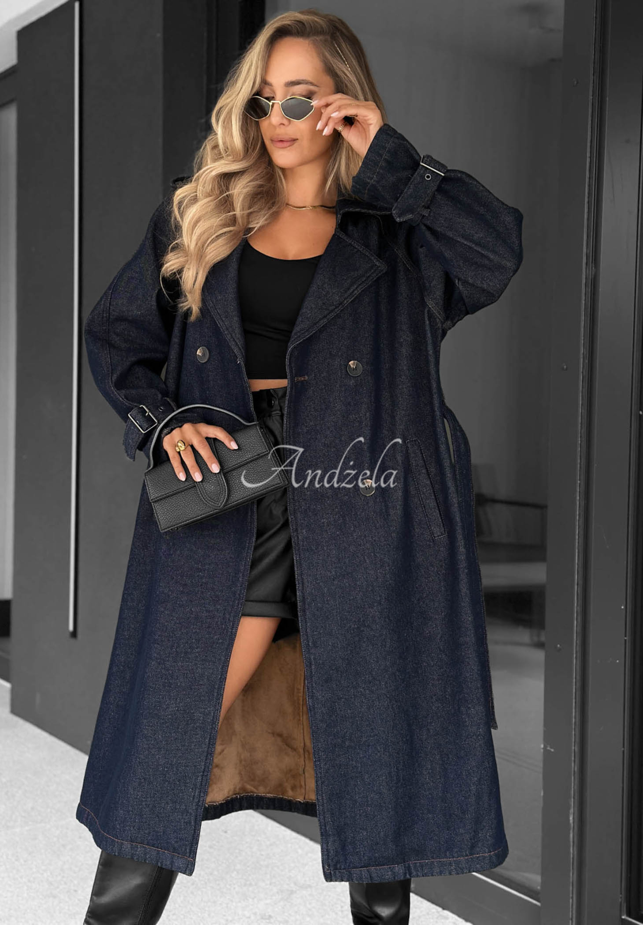 Dlhý džínsový trenčkot s opaskom Autumn Outfits tmavomodrý