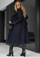 Dlhý džínsový Kabát trencz z paskiem Autumn Outfits ciemnogranatowy