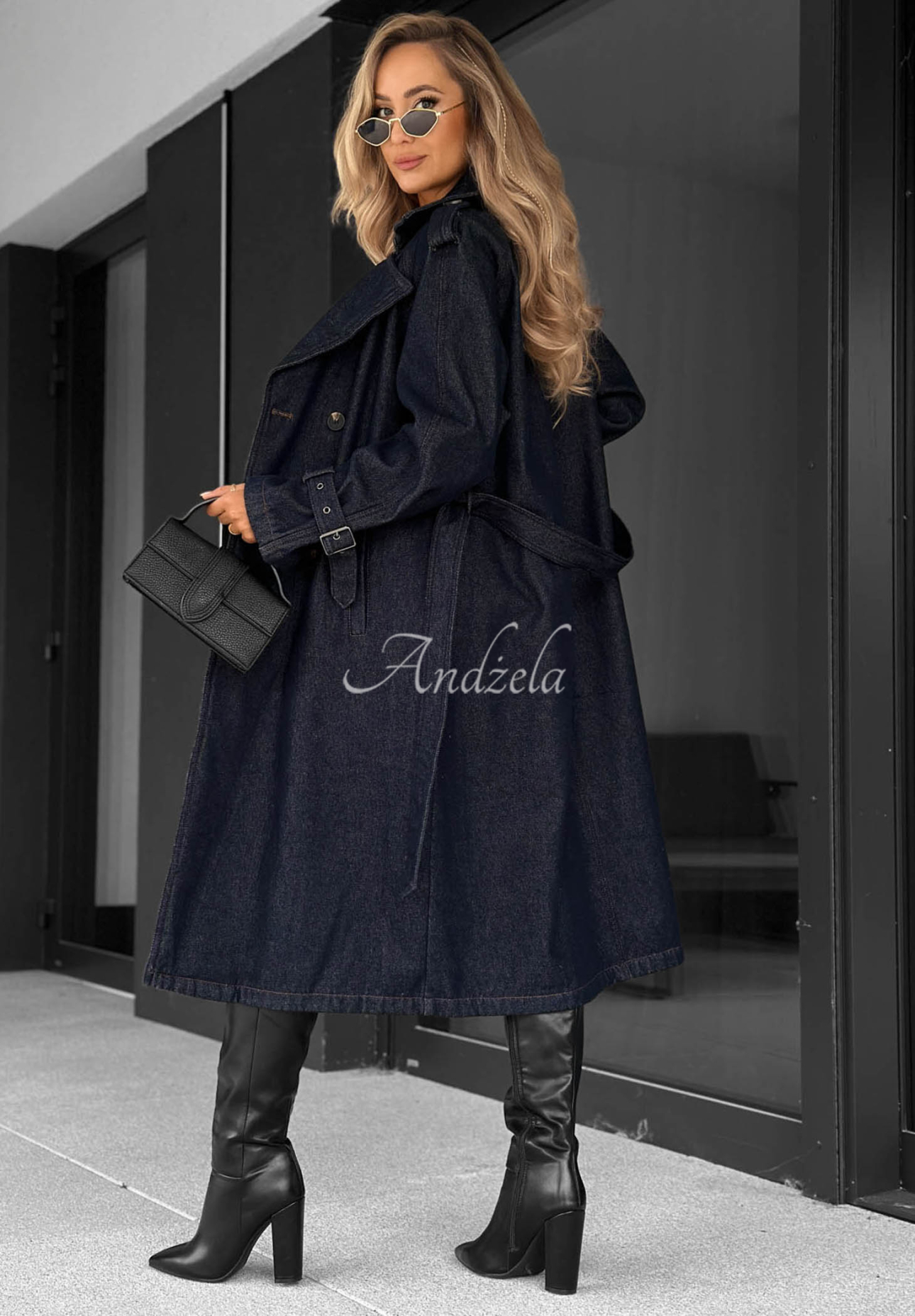 Dlhý džínsový trenčkot s opaskom Autumn Outfits tmavomodrý