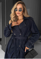 Dlhý džínsový Kabát trencz z paskiem Autumn Outfits ciemnogranatowy