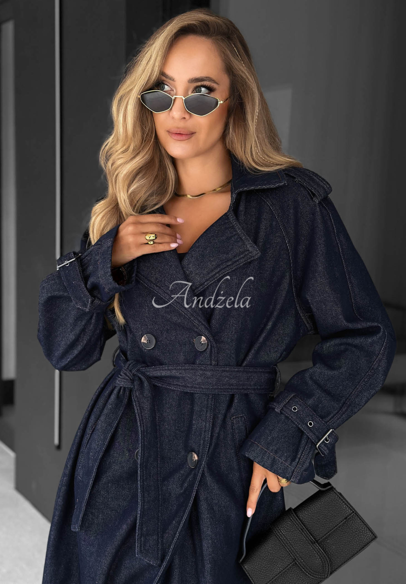 Dlhý džínsový trenčkot s opaskom Autumn Outfits tmavomodrý