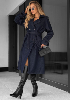 Dlhý džínsový Kabát trencz z paskiem Autumn Outfits ciemnogranatowy