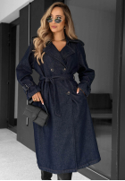 Dlhý džínsový Kabát trencz z paskiem Autumn Outfits ciemnogranatowy