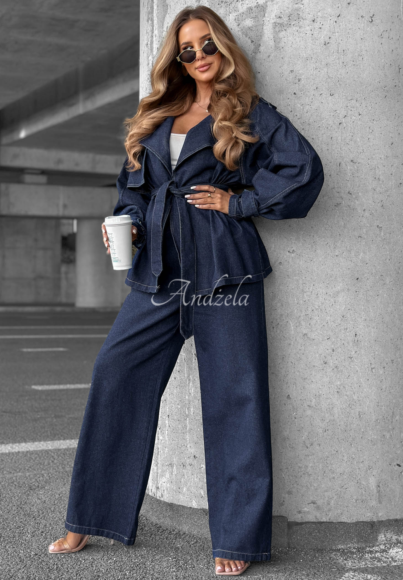 Džínsová súprava krátky trenč a nohavice wide leg Autumn Edit tmavomodrý
