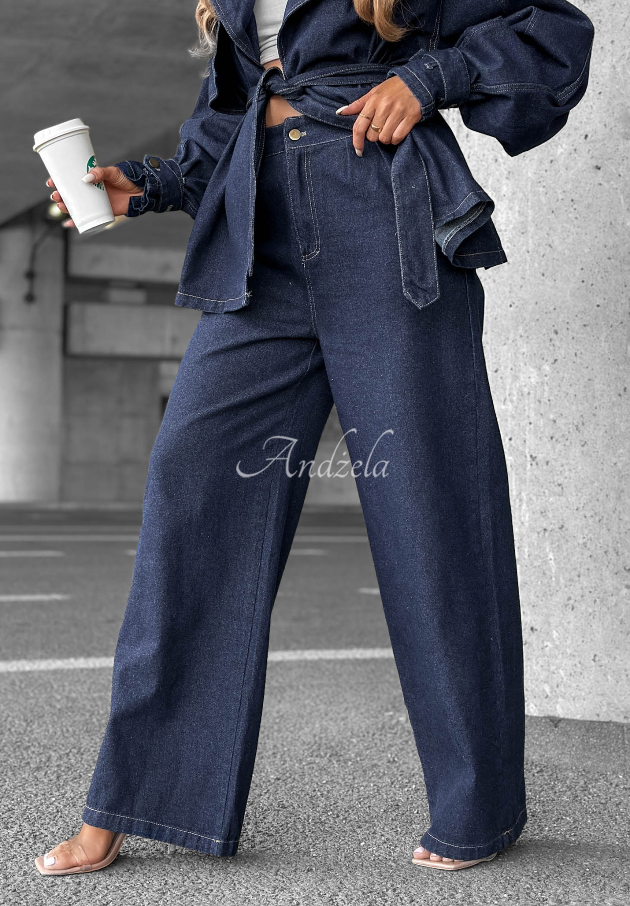 Džínsová súprava krátky trenč a nohavice wide leg Autumn Edit tmavomodrý