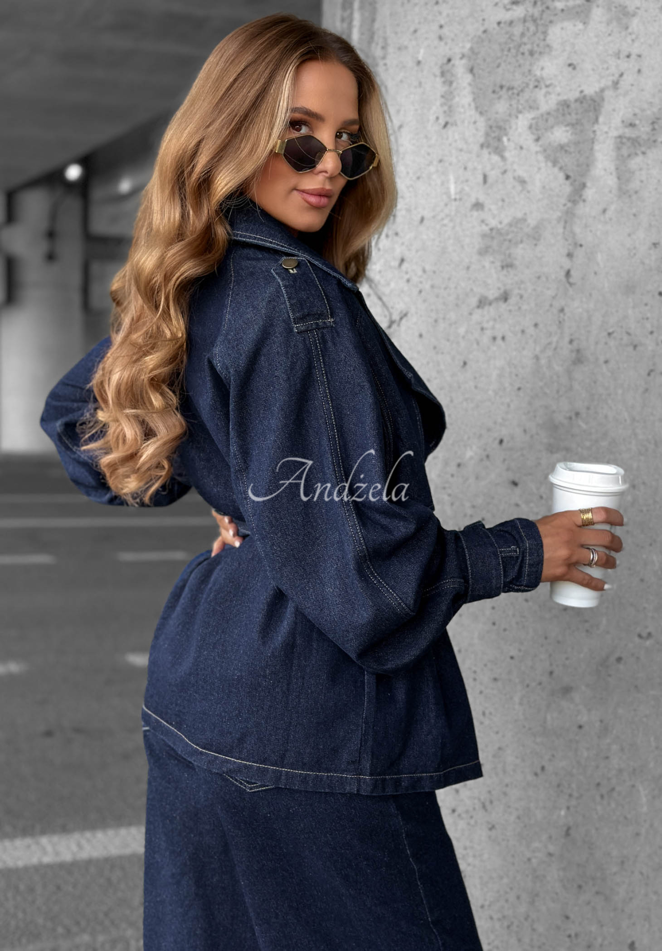 Džínsová súprava krátky trenč a nohavice wide leg Autumn Edit tmavomodrý