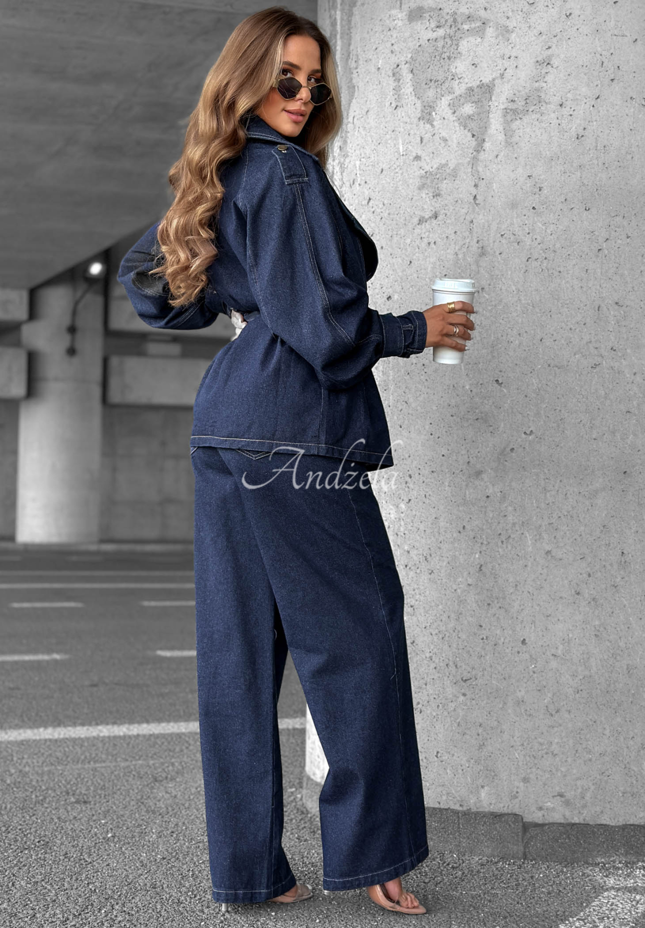 Džínsová súprava krátky trenč a nohavice wide leg Autumn Edit tmavomodrý