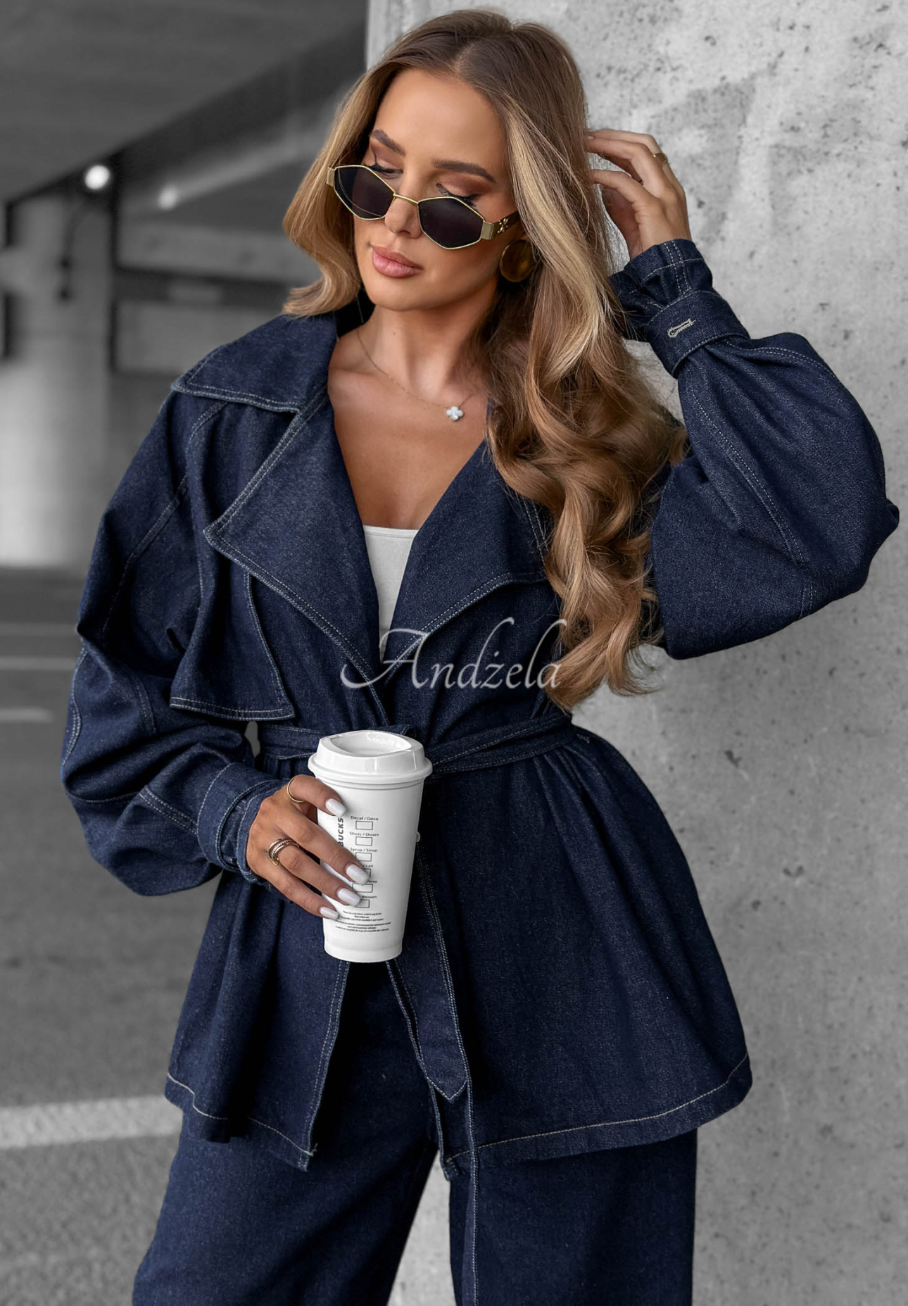 Džínsová súprava krátky trenč a nohavice wide leg Autumn Edit tmavomodrý