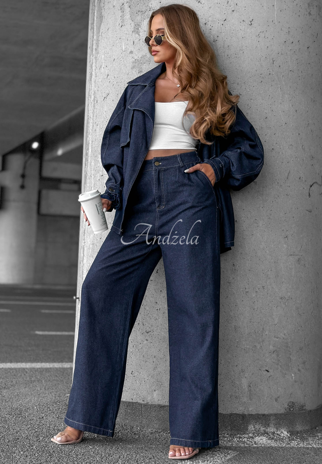 Džínsová súprava krátky trenč a nohavice wide leg Autumn Edit tmavomodrý