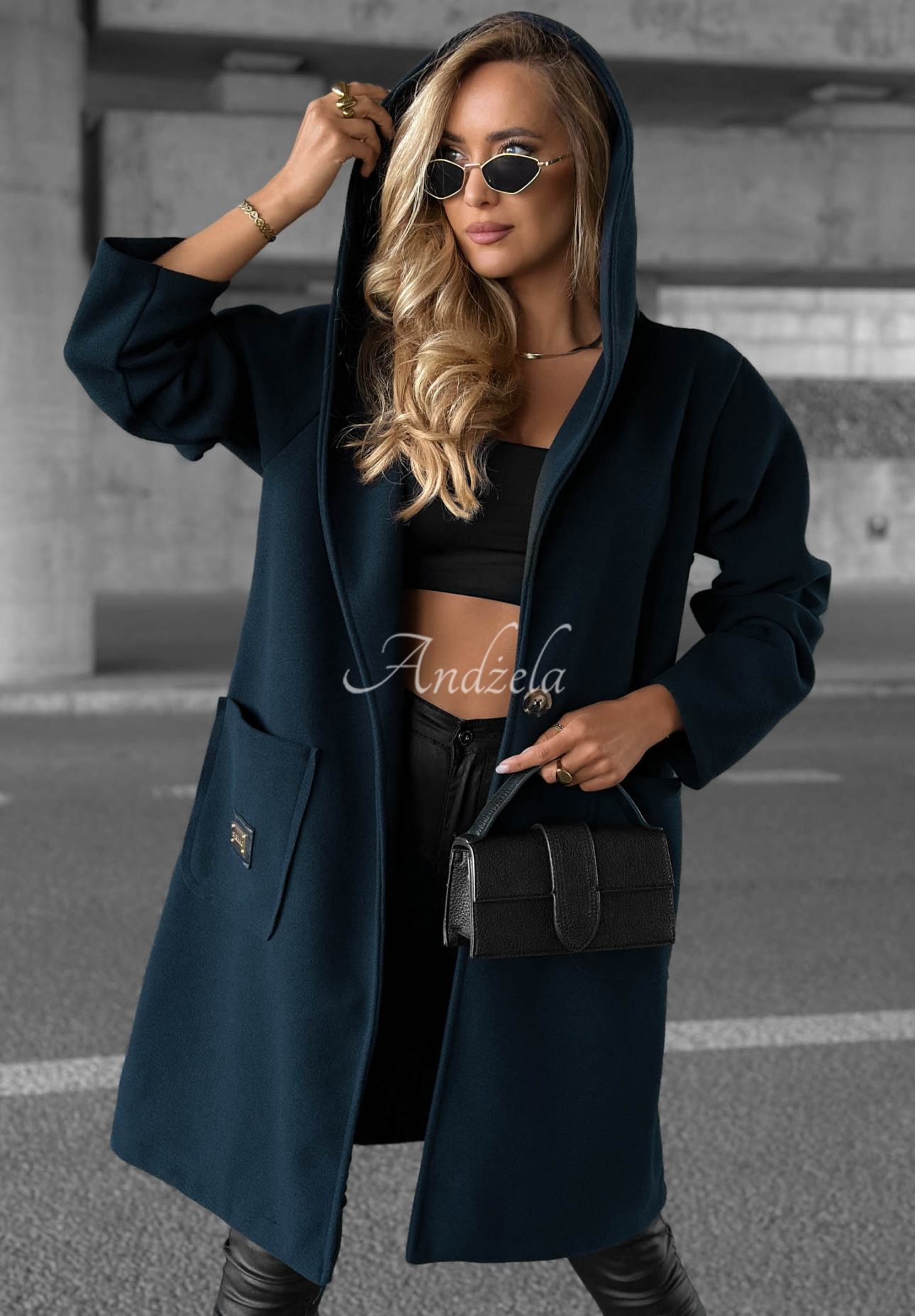 Dlhý kabát oversize s kapucňou Autumn Coat tmavomodrý