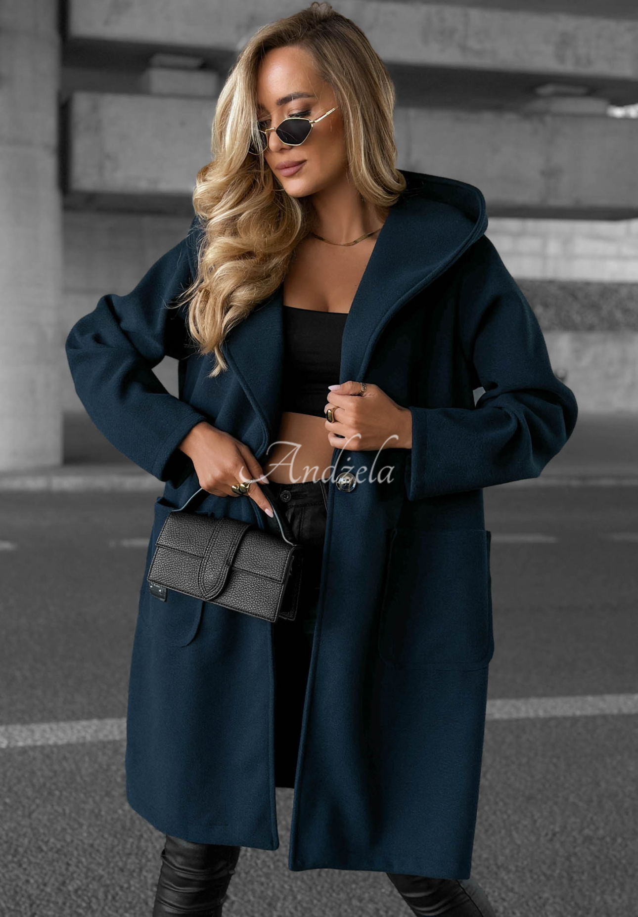 Dlhý kabát oversize s kapucňou Autumn Coat tmavomodrý