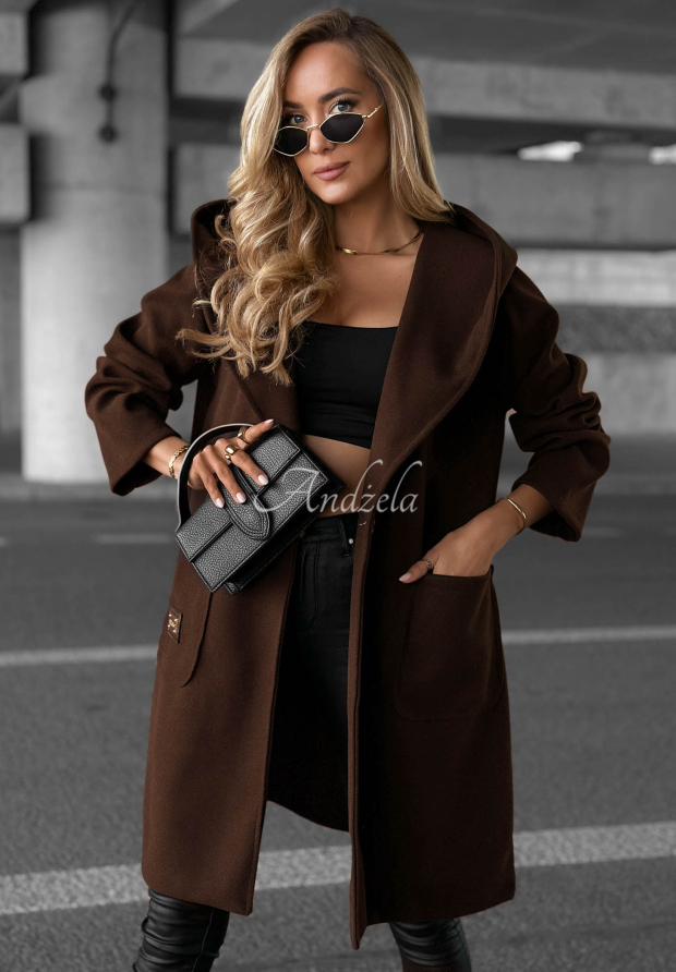 Dlh&yacute; kab&aacute;t oversize s kapucňou Autumn Coat čokol&aacute;dov&yacute;