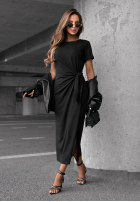 Šaty midi z wiązaniem i rozcięciem Lady Perfection čokoládová