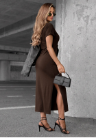 Šaty midi z wiązaniem i rozcięciem Lady Perfection čokoládová
