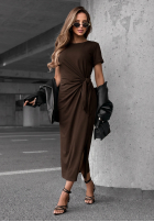 Šaty midi z wiązaniem i rozcięciem Lady Perfection čokoládová