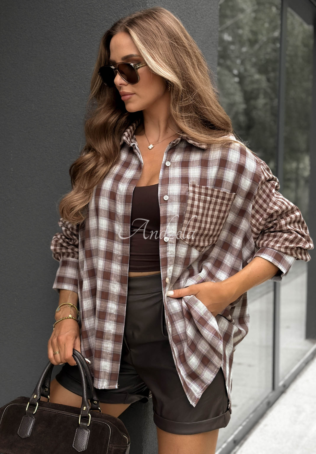 Dlhá asymetrická károvaná košeľa z bavlny Autumn Check čokoládová