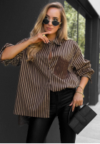 Košeľa oversize w paski Stripe Charm béžovo-čokoládová