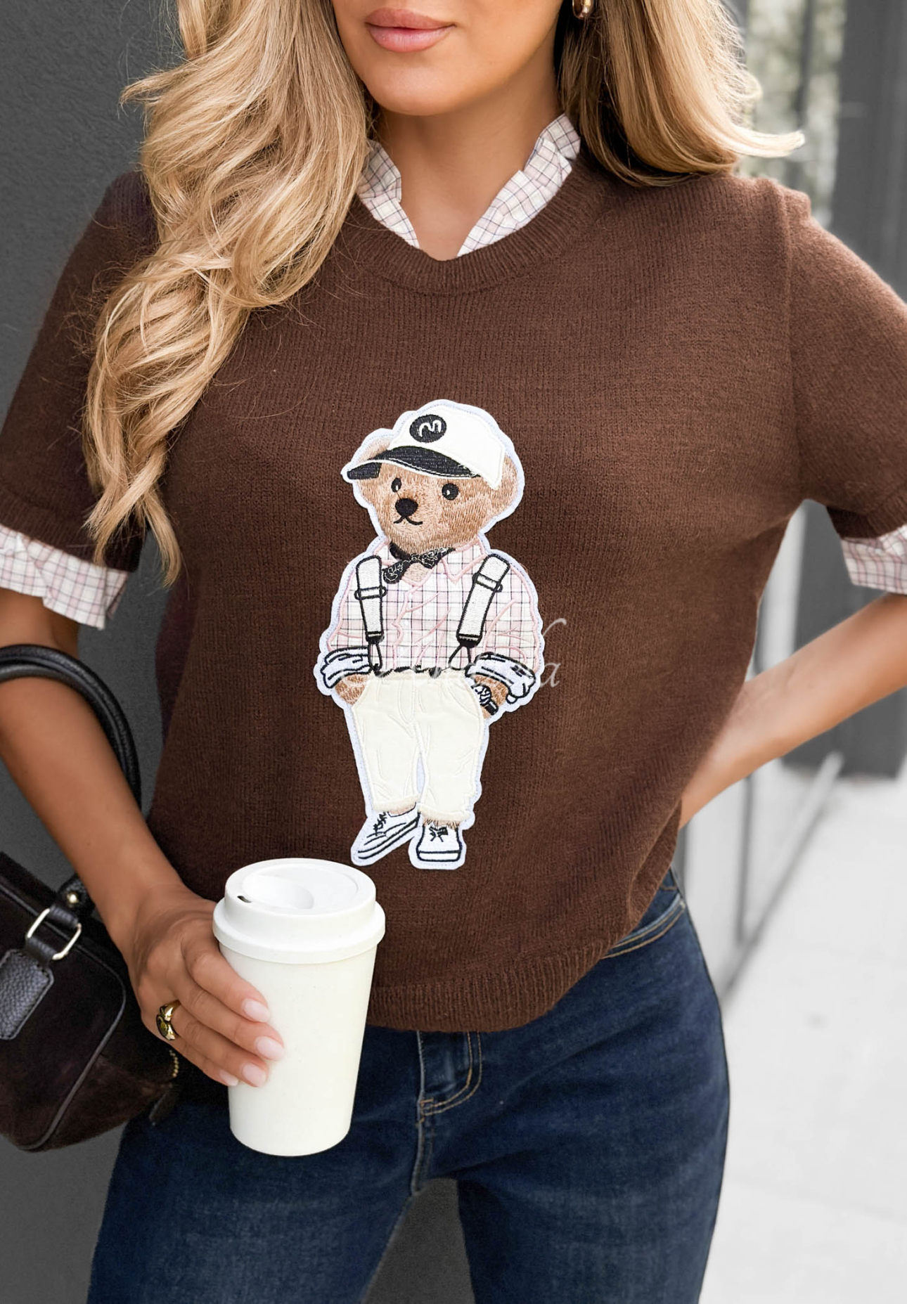 Viskótový sveter s krátkym rukávom a medvedíkom Little Teddy čokoládový