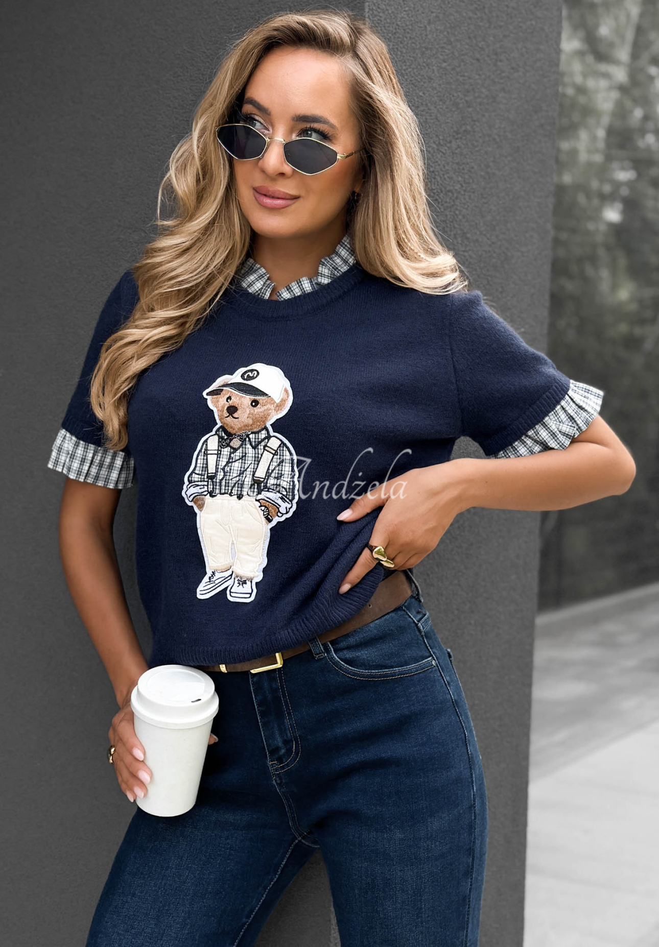 Viskótový sveter s krátkym rukávom a medvedíkom Little Teddy tmavomodrý