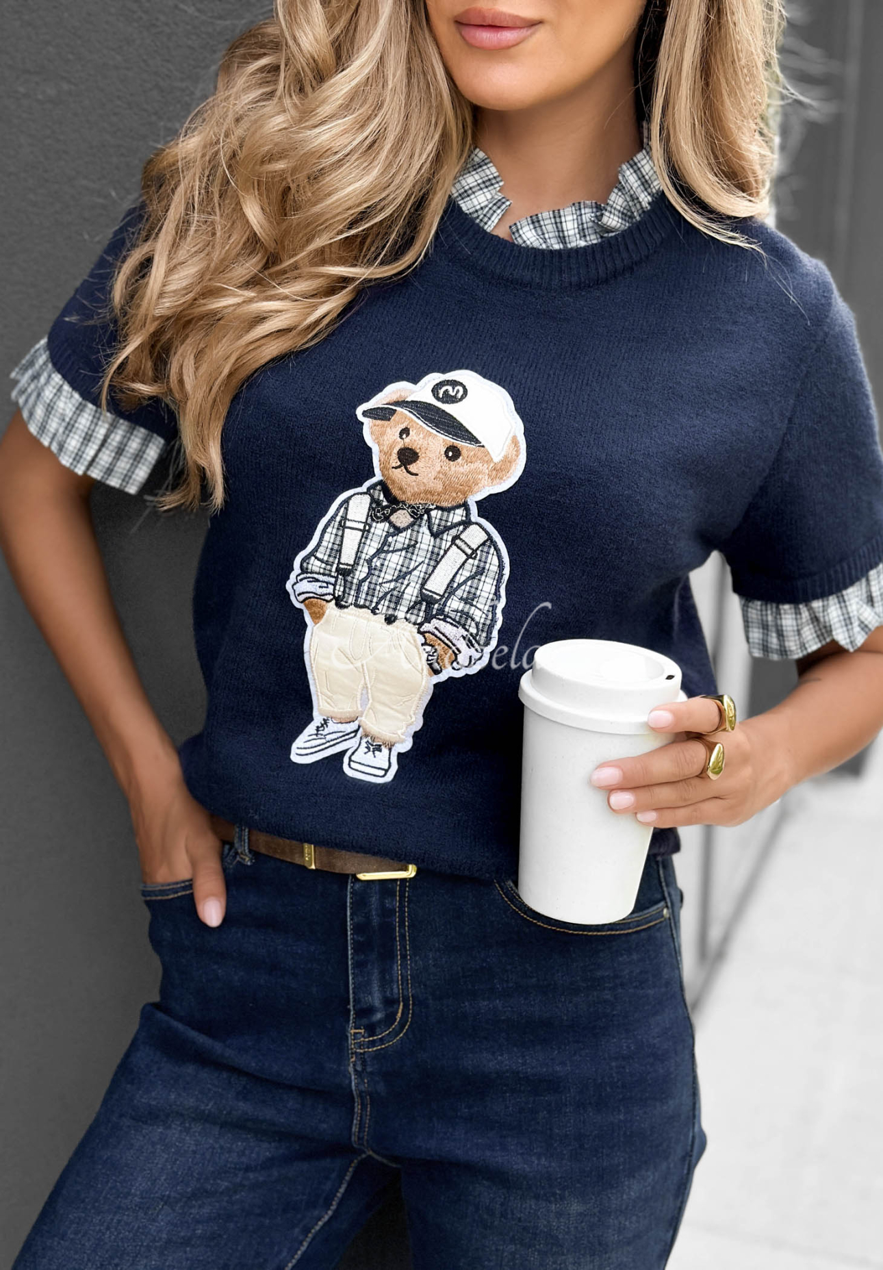 Viskótový sveter s krátkym rukávom a medvedíkom Little Teddy tmavomodrý