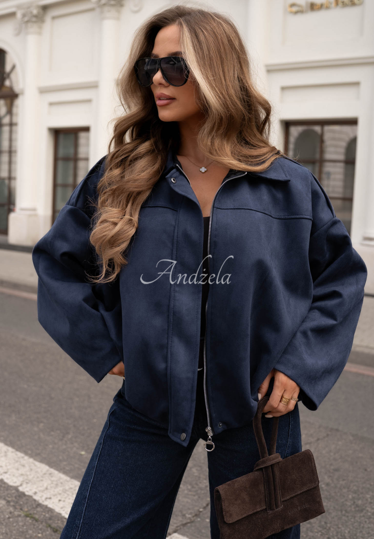 Semišová oversize bomber bunda Early Season tmavomodrá
