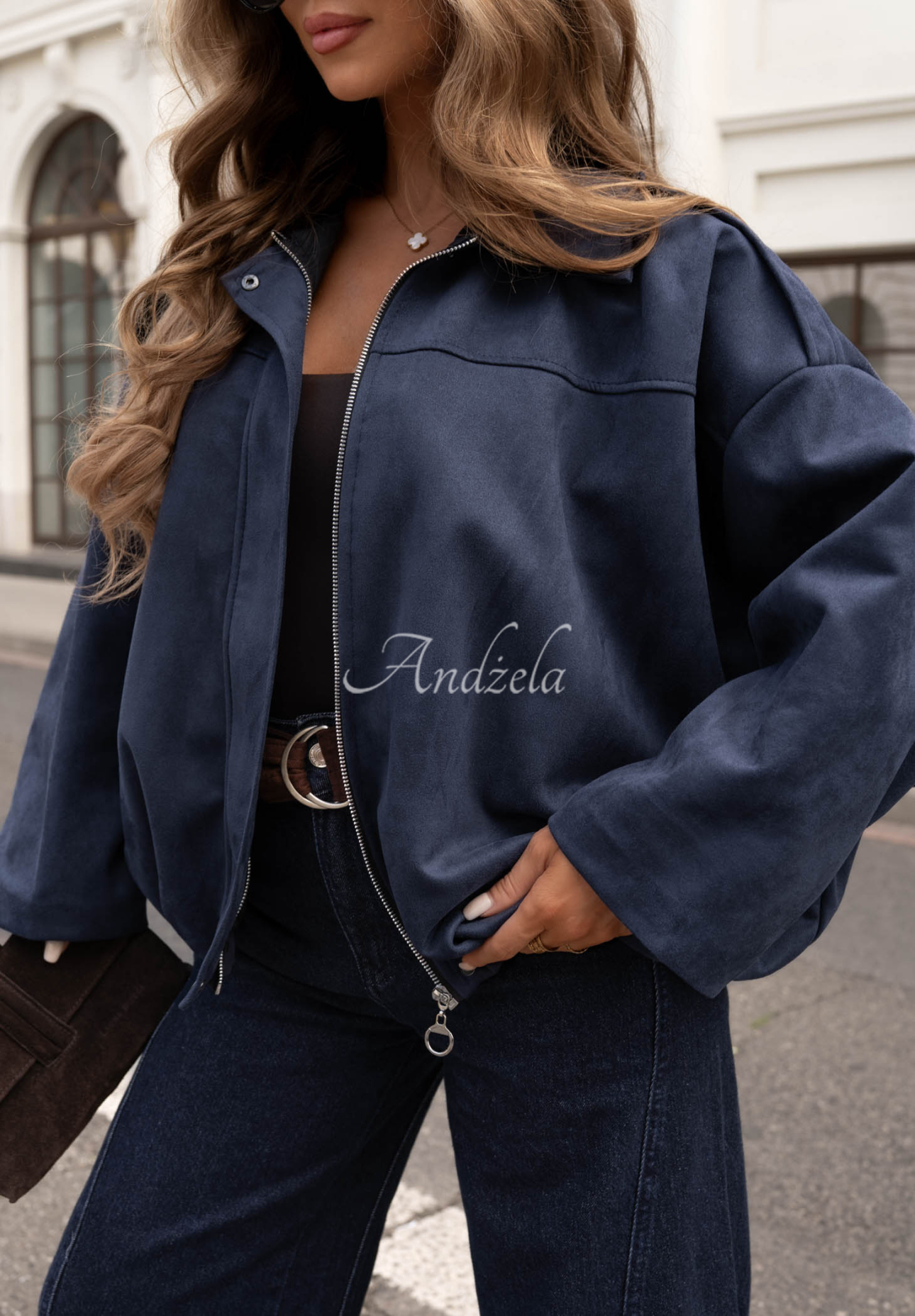 Semišová oversize bomber bunda Early Season tmavomodrá