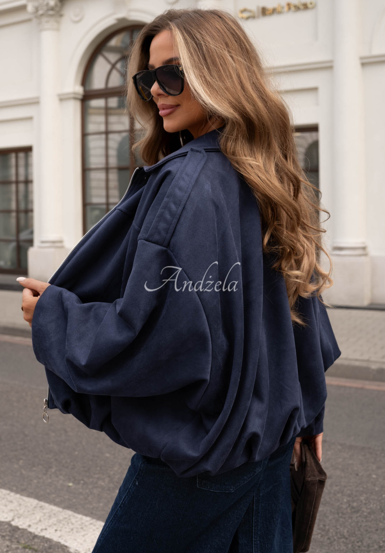 Semišová oversize bomber bunda Early Season tmavomodrá