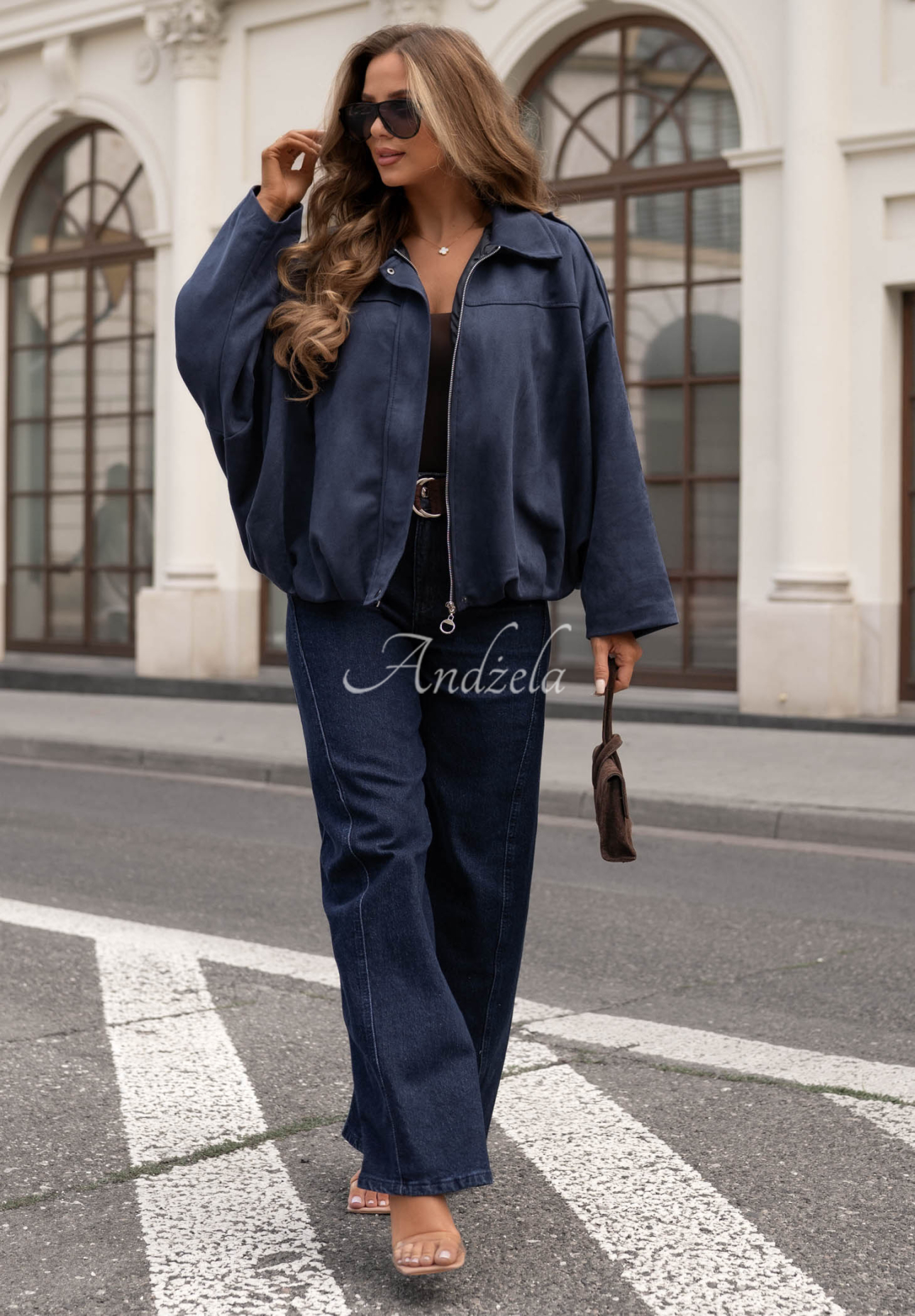 Semišová oversize bomber bunda Early Season tmavomodrá