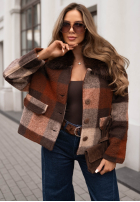 Krótki Kabát w kratę z futerkiem Autumn Mood czekoladowo-sivý