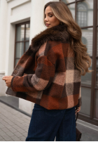 Krótki Kabát w kratę z futerkiem Autumn Mood czekoladowo-sivý