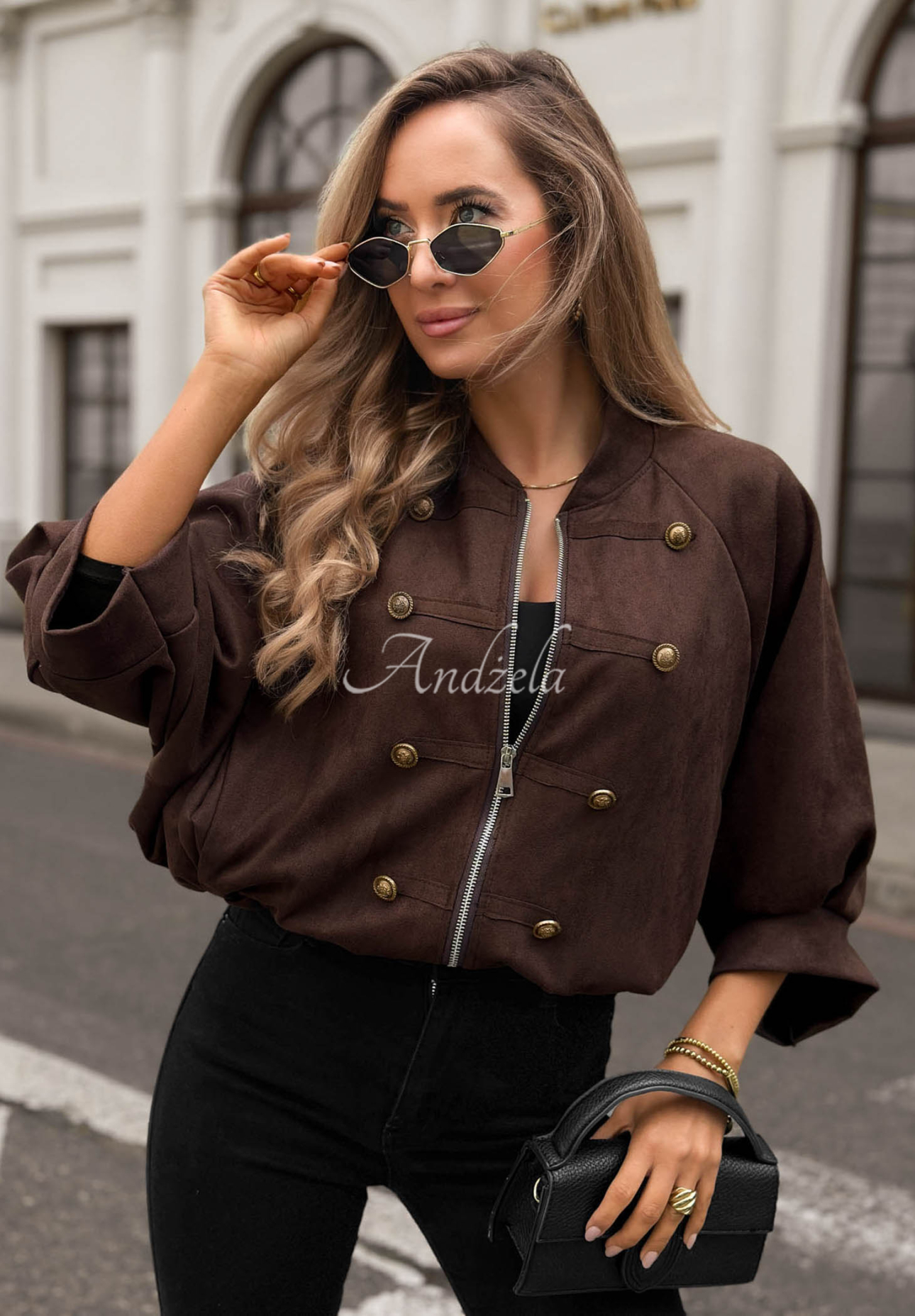 Semišová bunda vo vojenskom štýle Elegant Force čokoládová