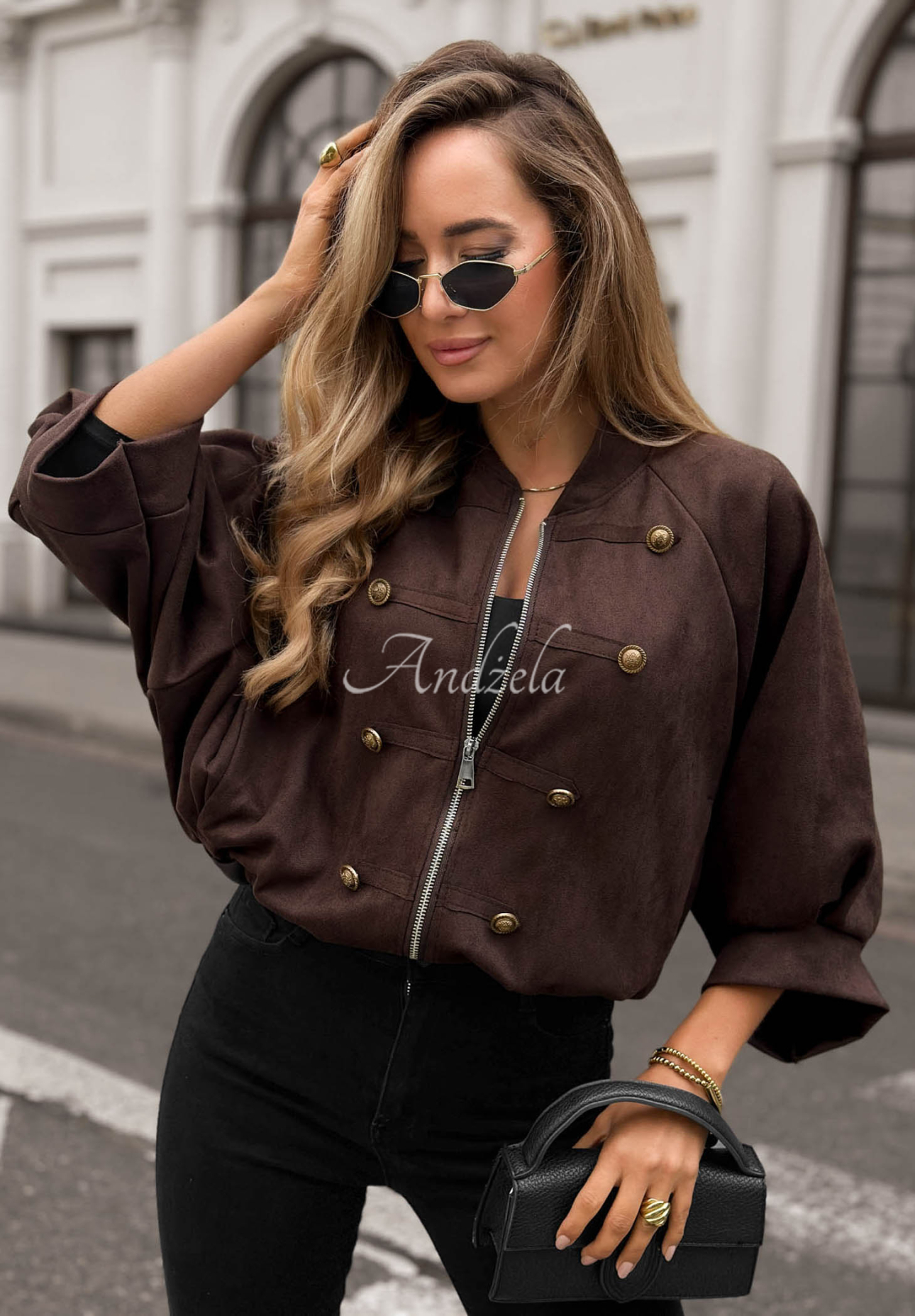 Semišová bunda vo vojenskom štýle Elegant Force čokoládová