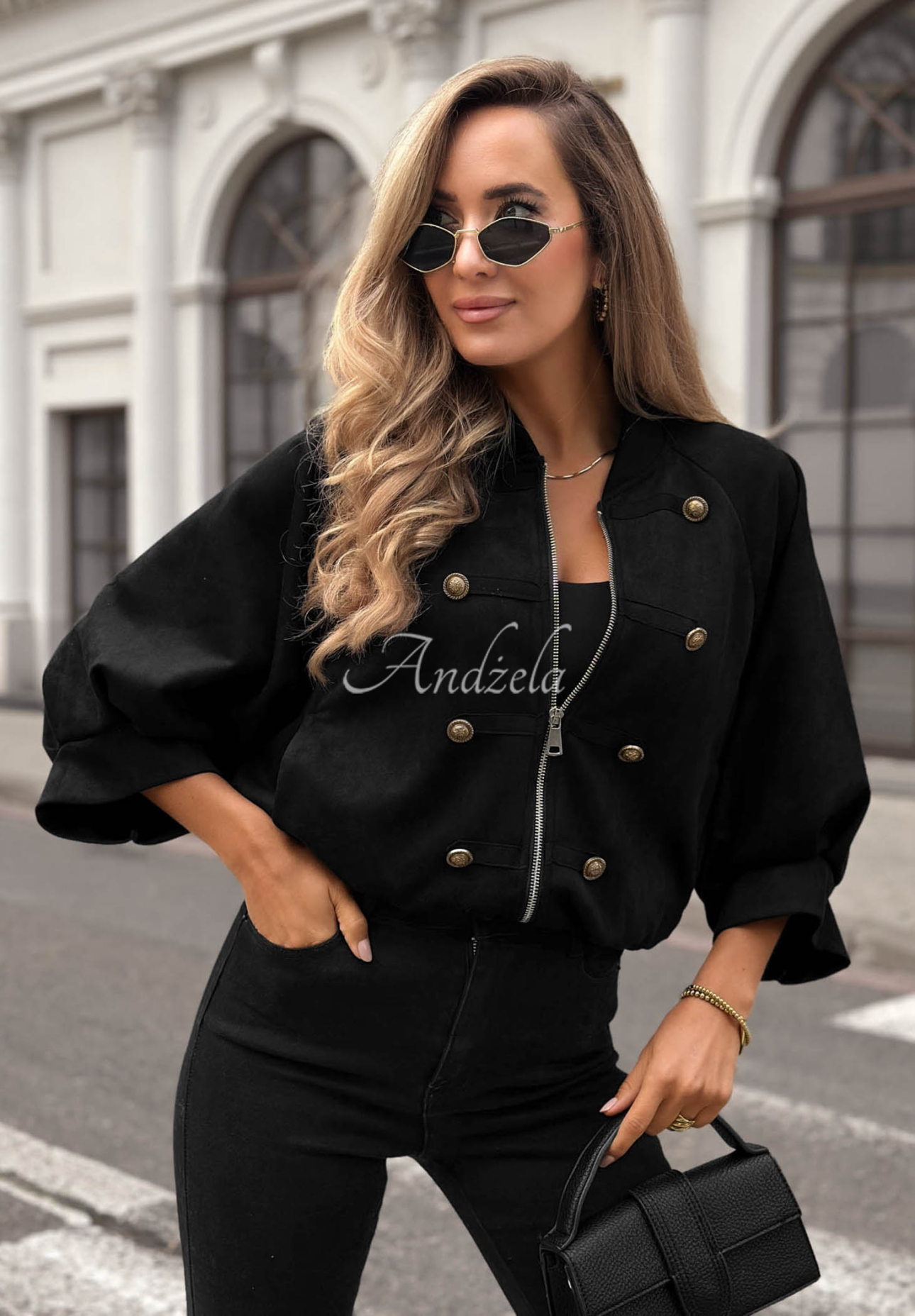 Semišová bunda vo vojenskom štýle Elegant Force čierna