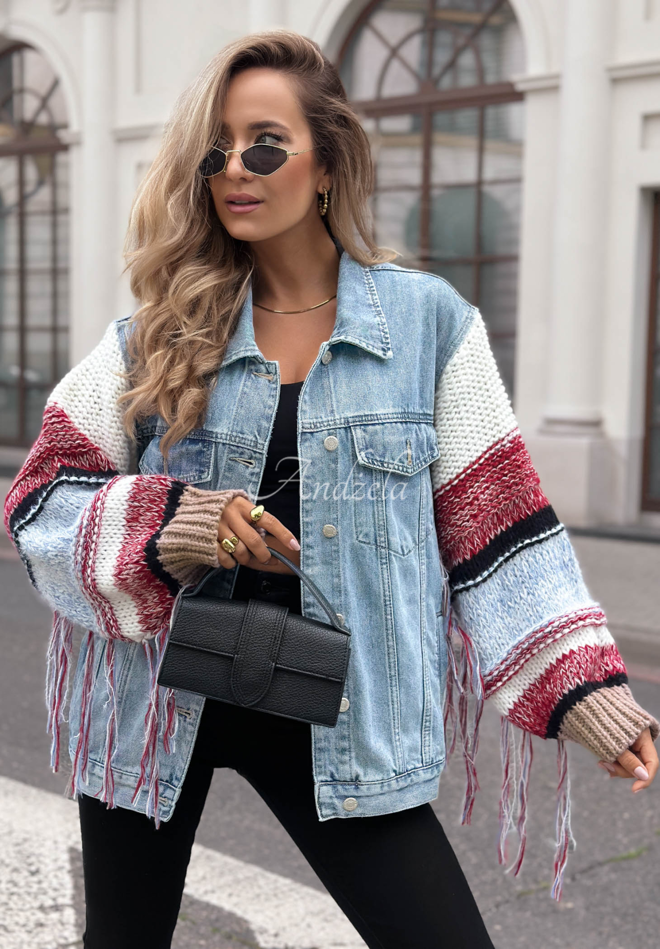 Džínsová bunda so svetrovými rukávmi Modern Knit svetlomodrá