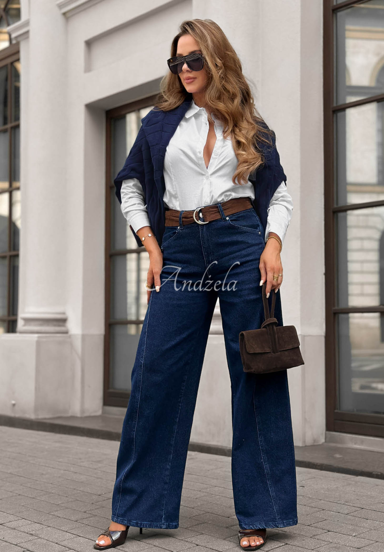 Džínsy wide leg s opaskom Urban Flam tmavomodré