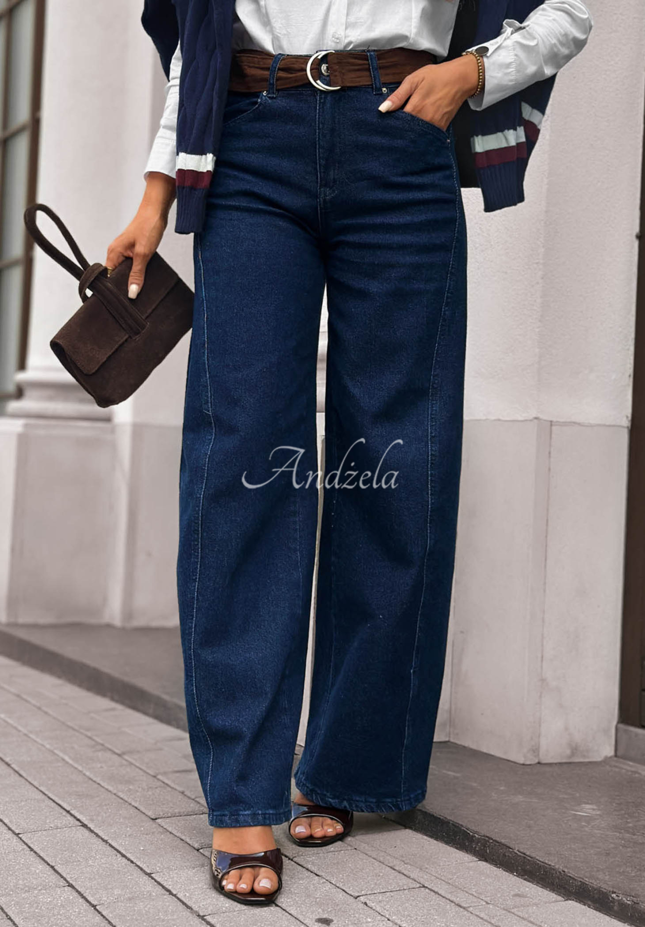 Džínsy wide leg s opaskom Urban Flam tmavomodré