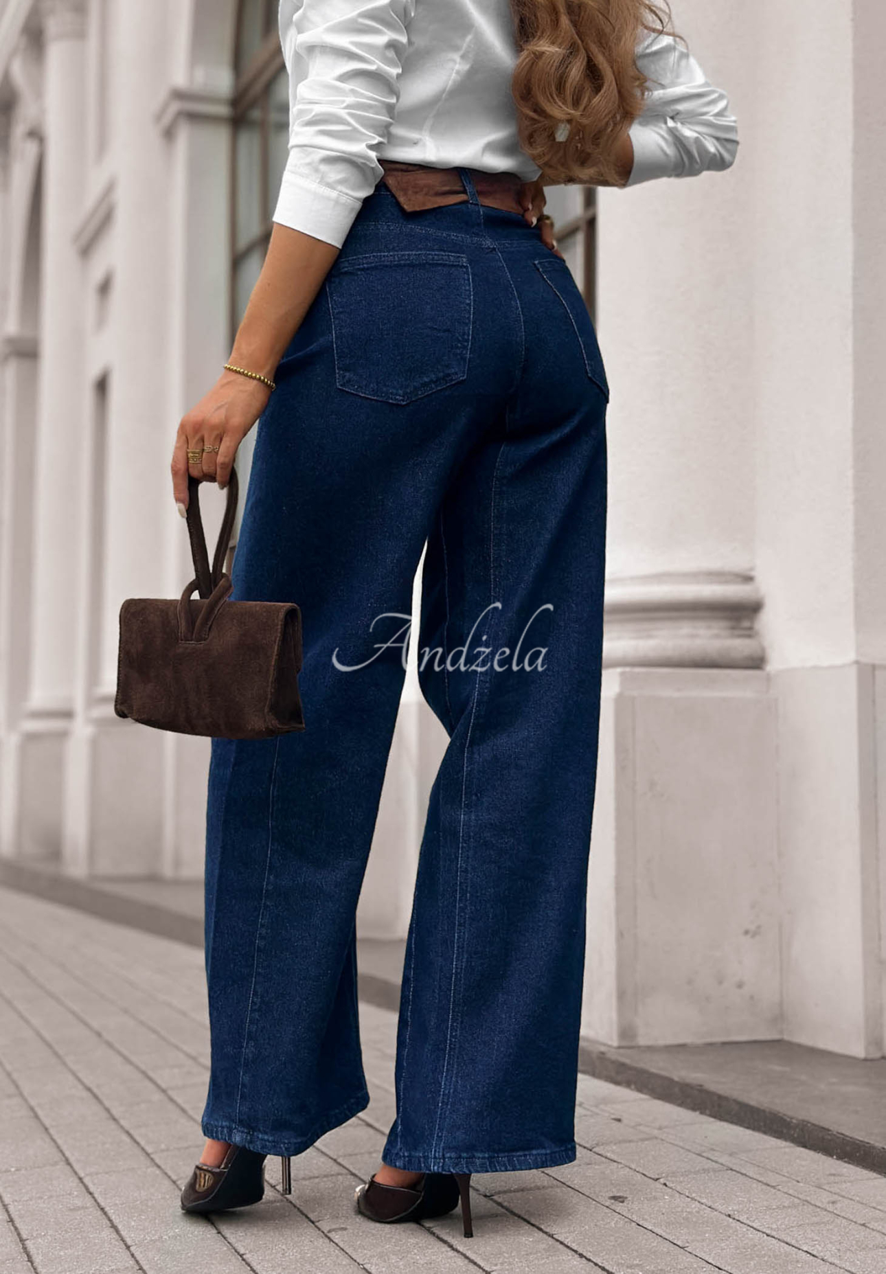 Džínsy wide leg s opaskom Urban Flam tmavomodré