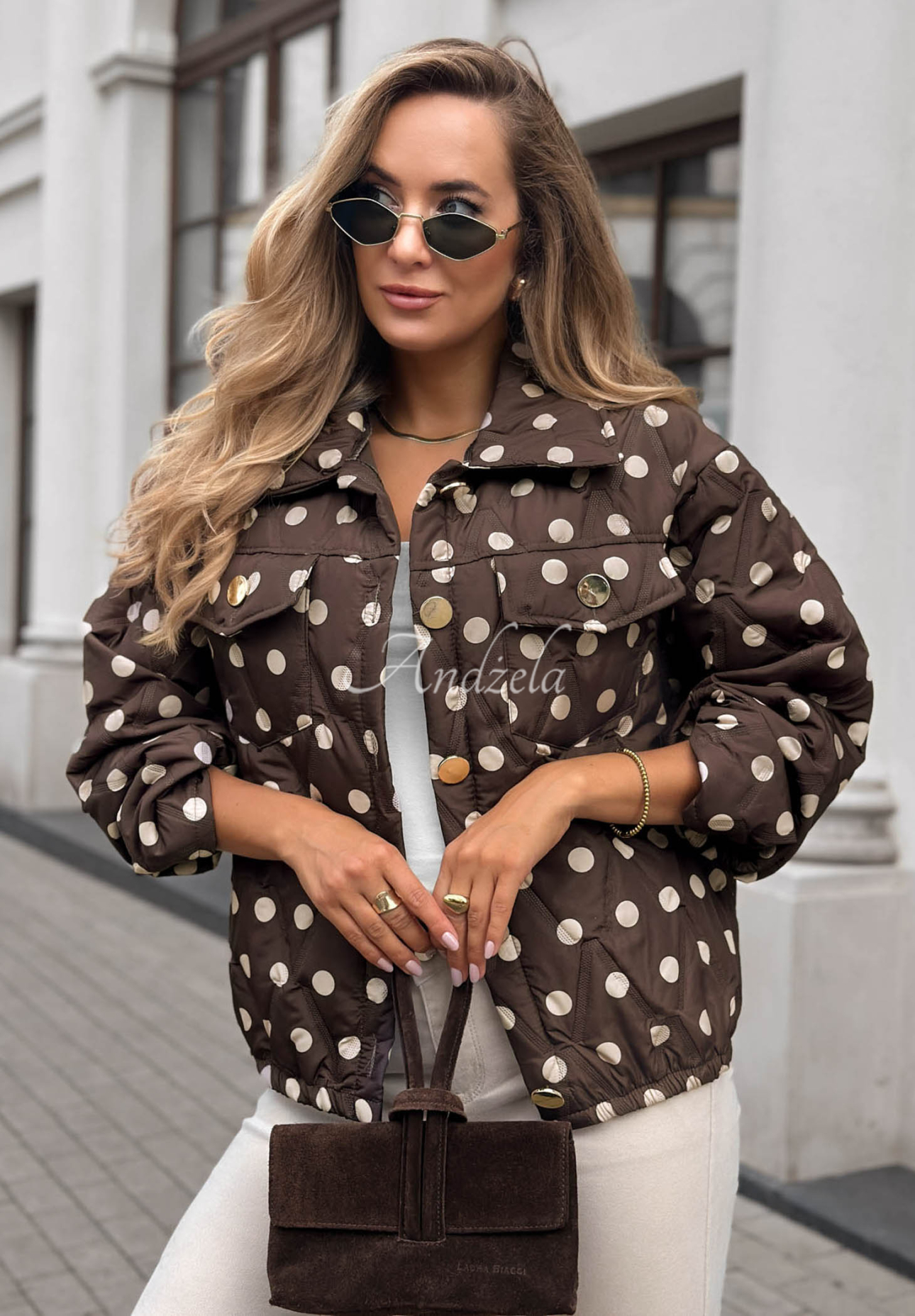 Krátka prešívaná bunda s bodkami Autumn Dots čokoládová