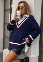 Sveter oversize z dekoltem Casual Girl tmavomodrý