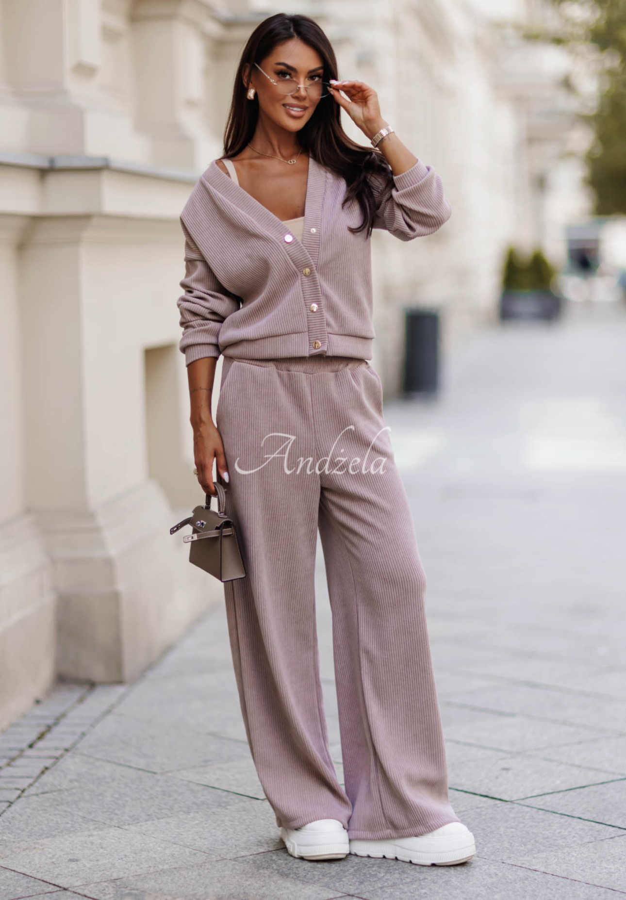 Manšestrová súprava mikina a nohavice wide leg z bavlny Simple Escape béžový