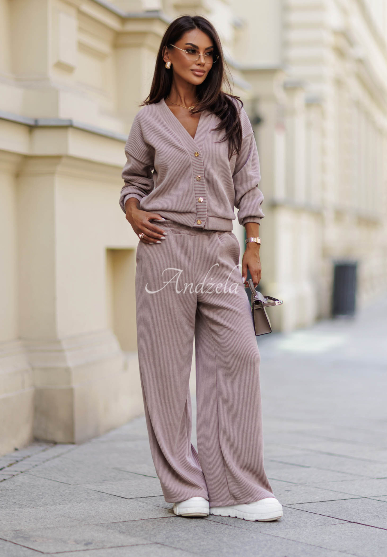 Manšestrová súprava mikina a nohavice wide leg z bavlny Simple Escape béžový